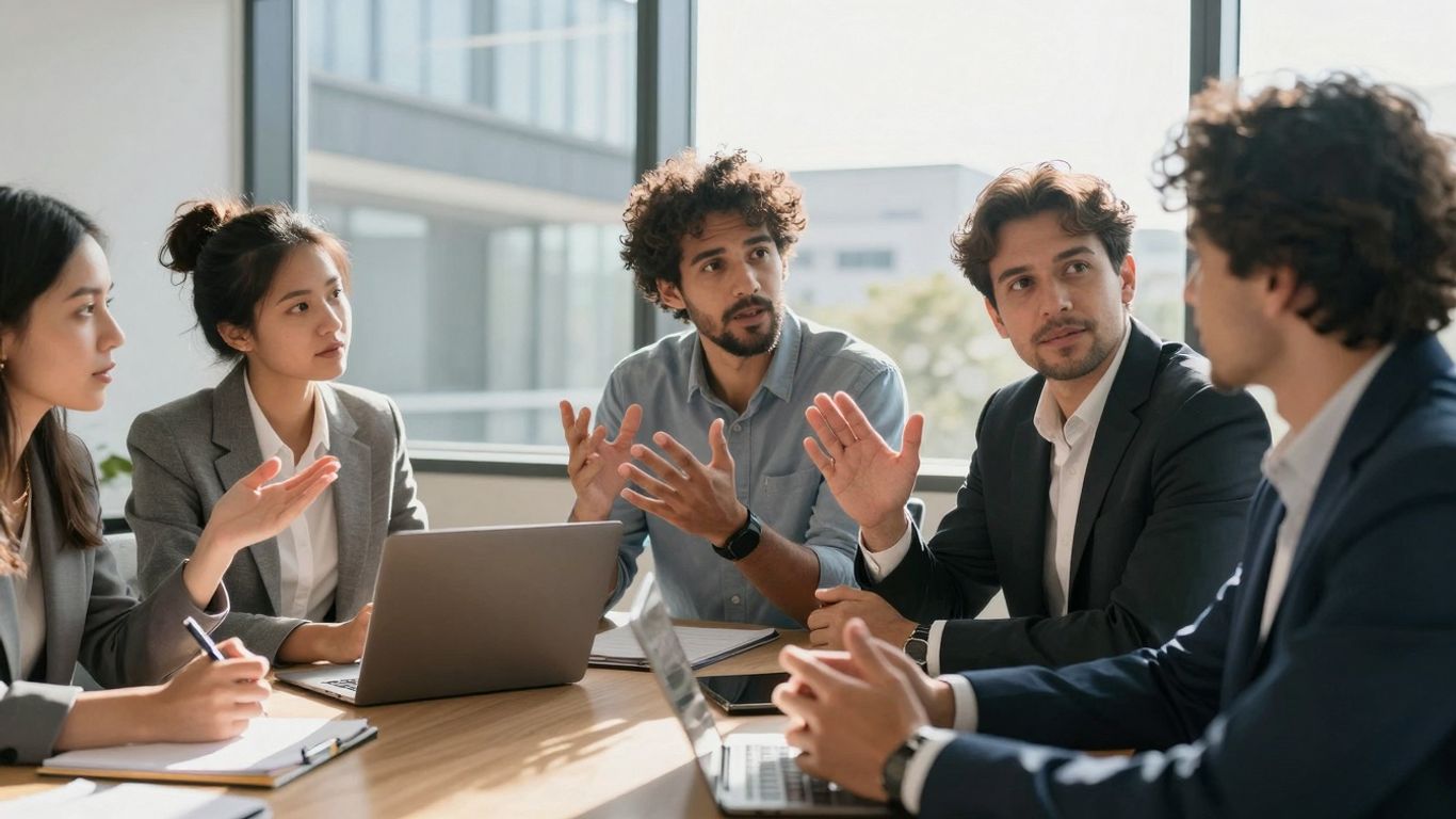 Team collaborating in a bright, modern office setting.