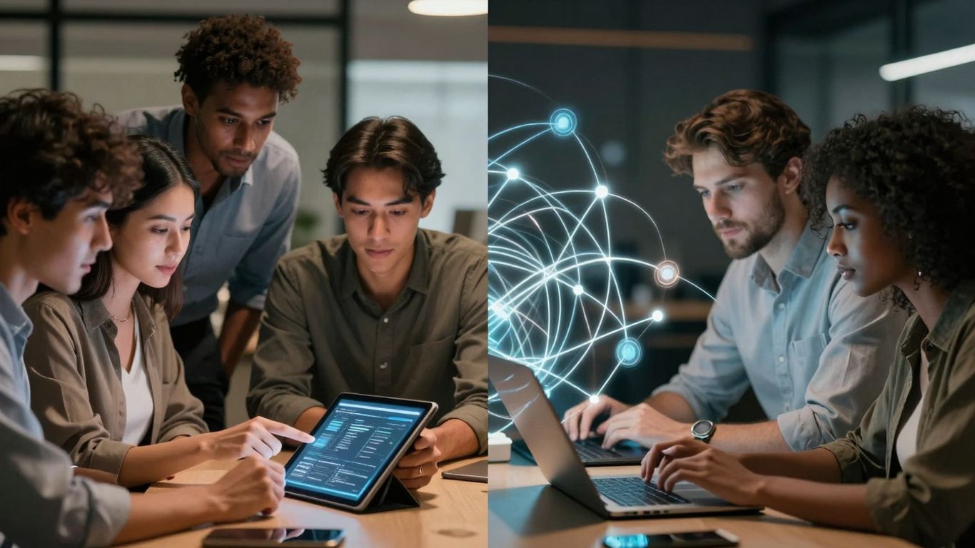 Sales and marketing teams collaborating with technology.