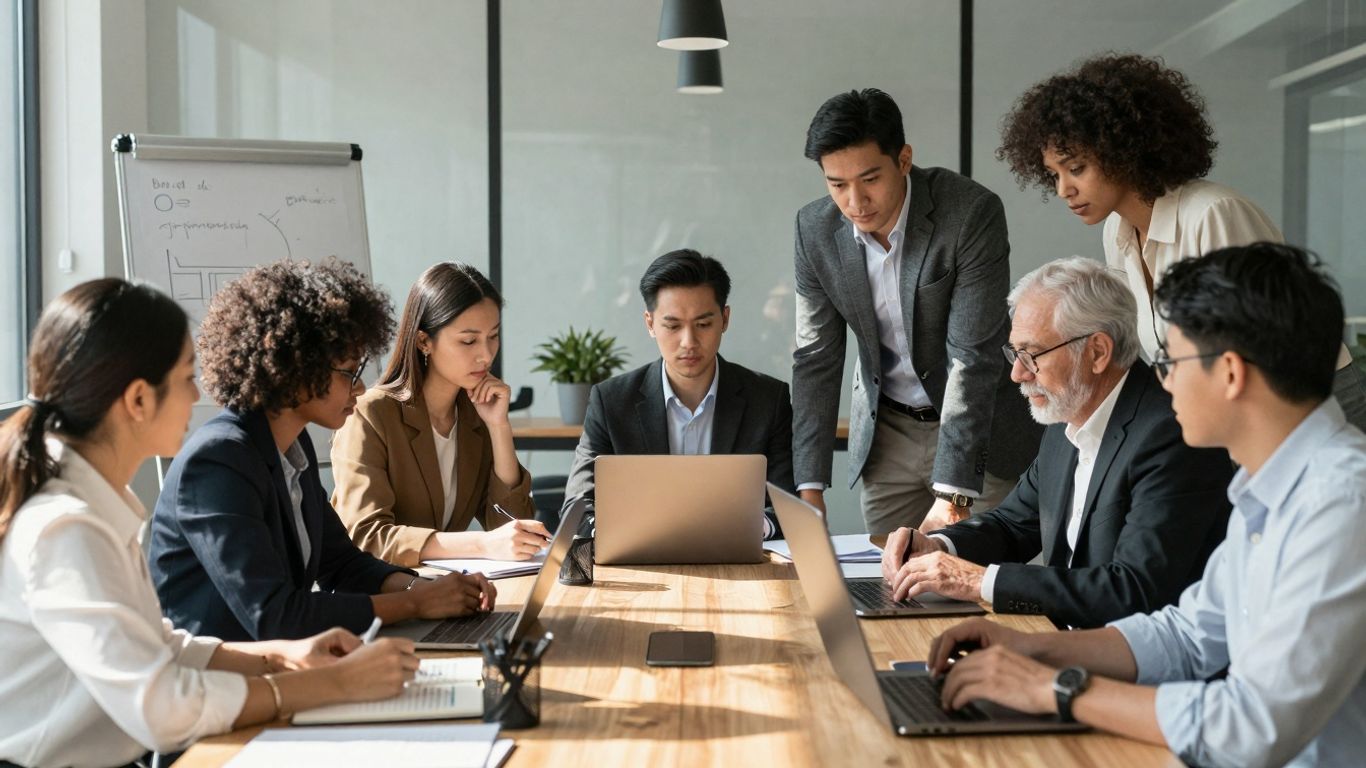 Team planning business growth strategy in modern office.