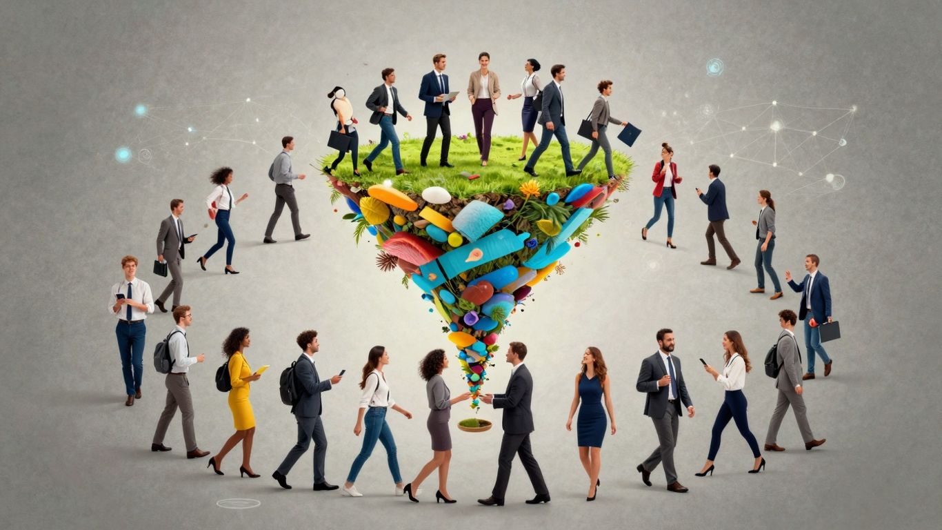 Funnel lead generation with people moving towards a goal.