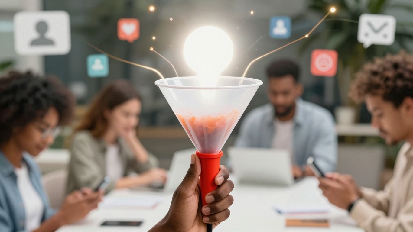 Facebook funnel with people and social media icons.