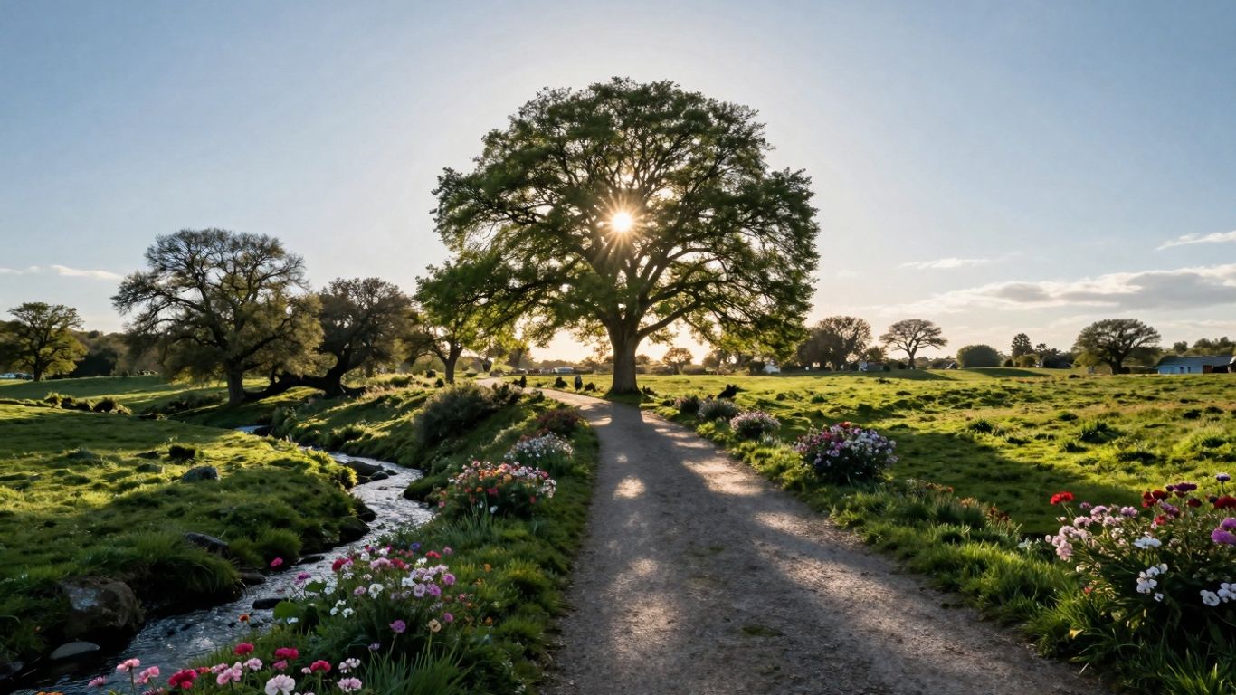 Path through a green landscape towards a destination.