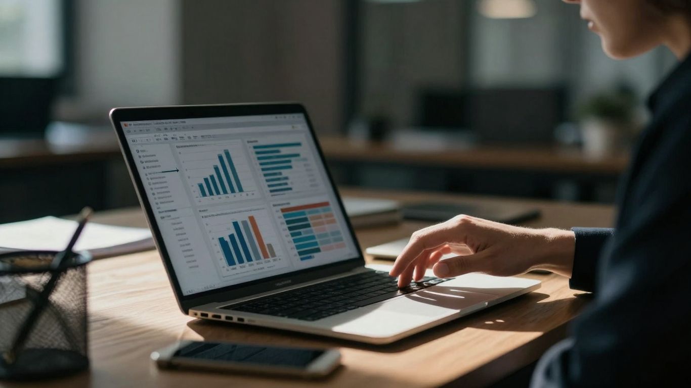 Digital marketing report analysis on a laptop.