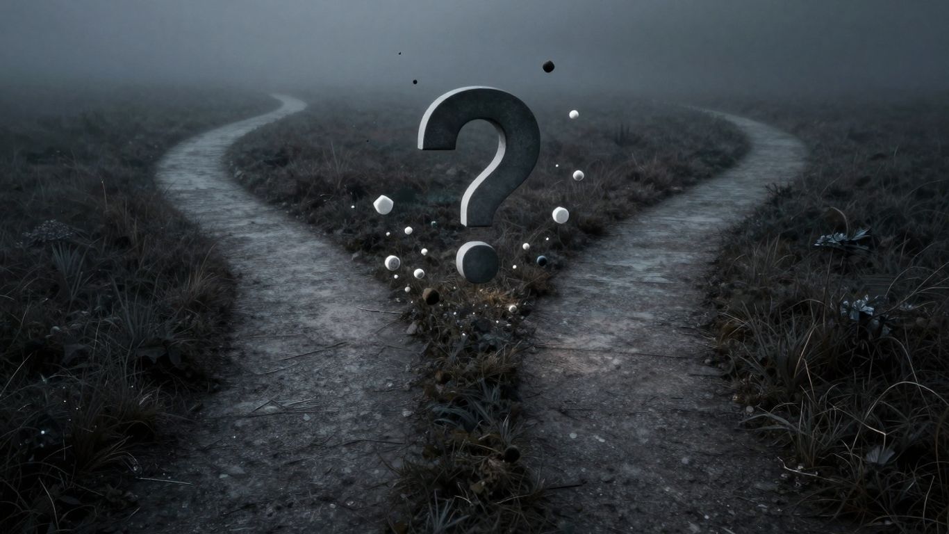 Two paths diverging, one clear, one foggy, with a question mark.