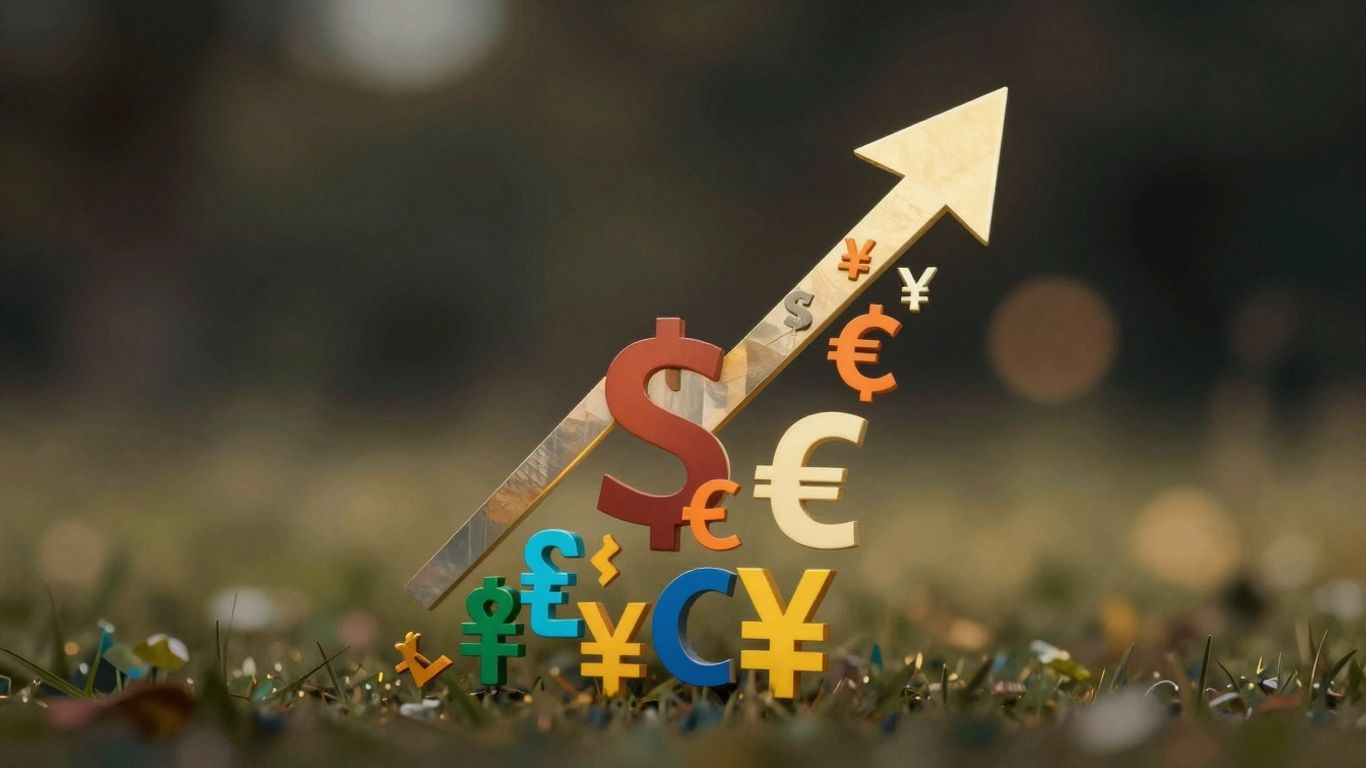 Upward arrow with currency symbols indicating marketing growth.
