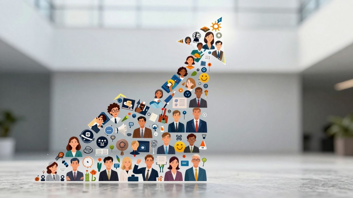 Upward arrow made of business icons symbolizing growth.