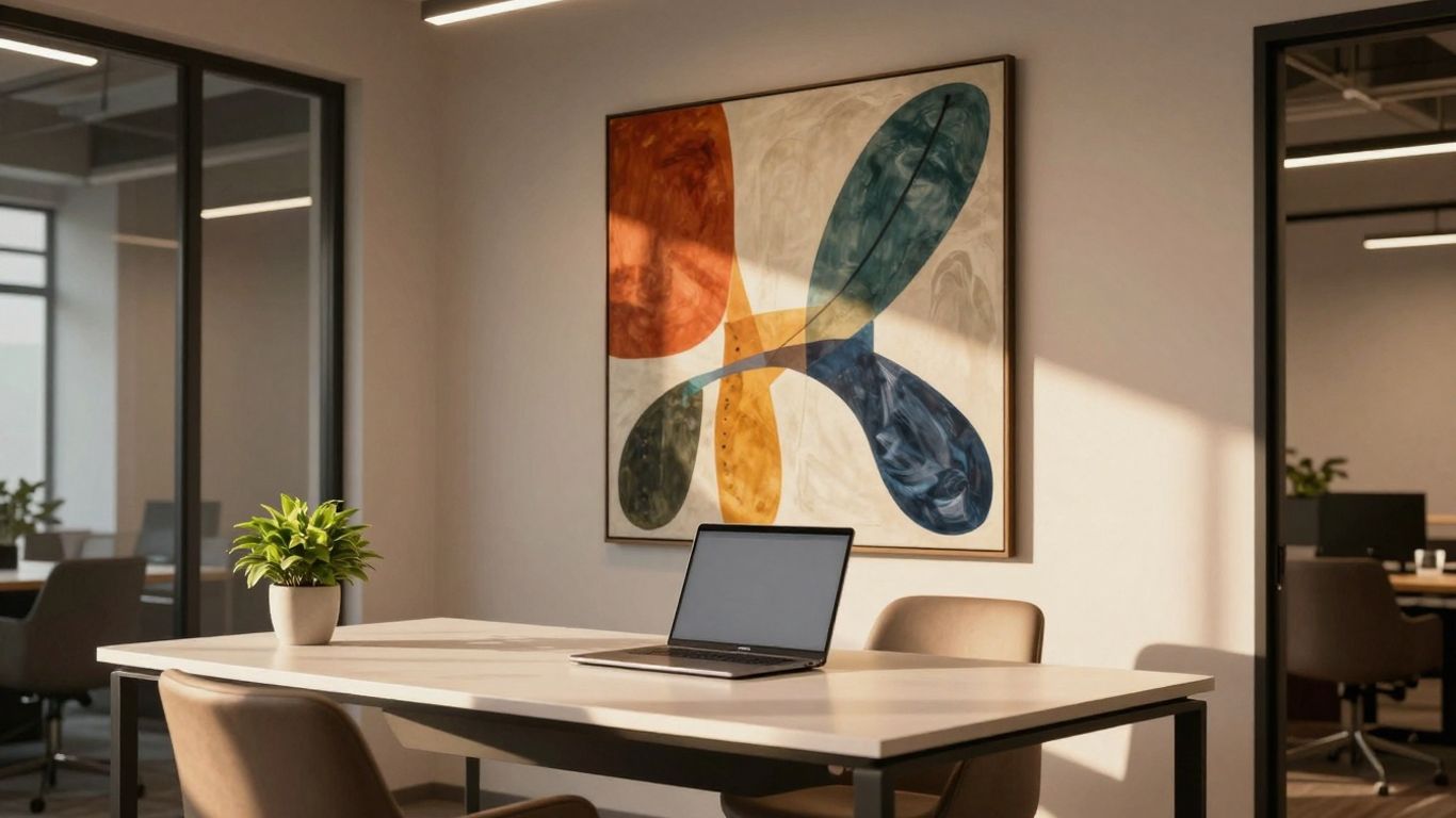 Modern office with abstract art and sunlight.