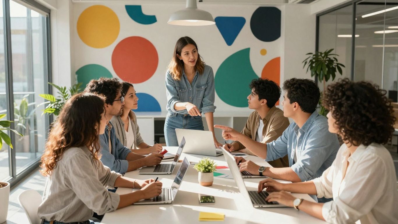 Business team collaborating in a modern office space.