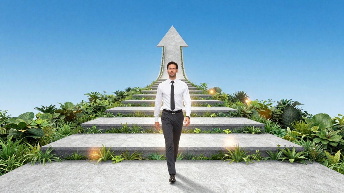 Business professional climbing ascending pathways towards success.