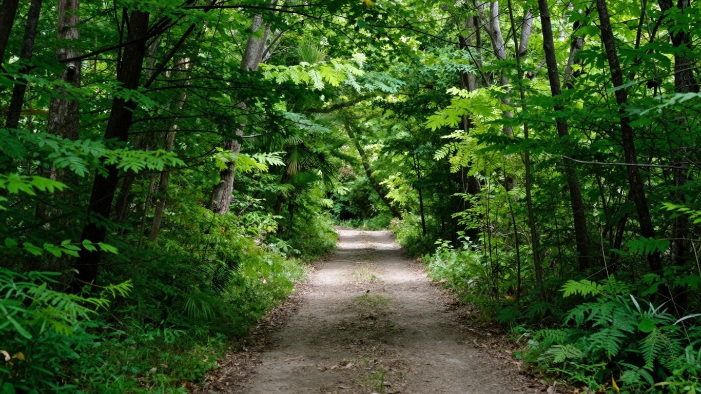 Path through a sunlit forest leading forward.