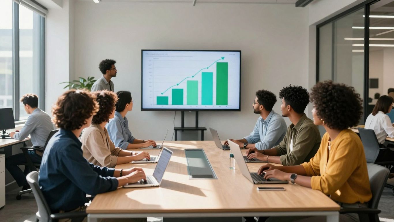Team collaborating in a modern office, digital growth patterns visible.
