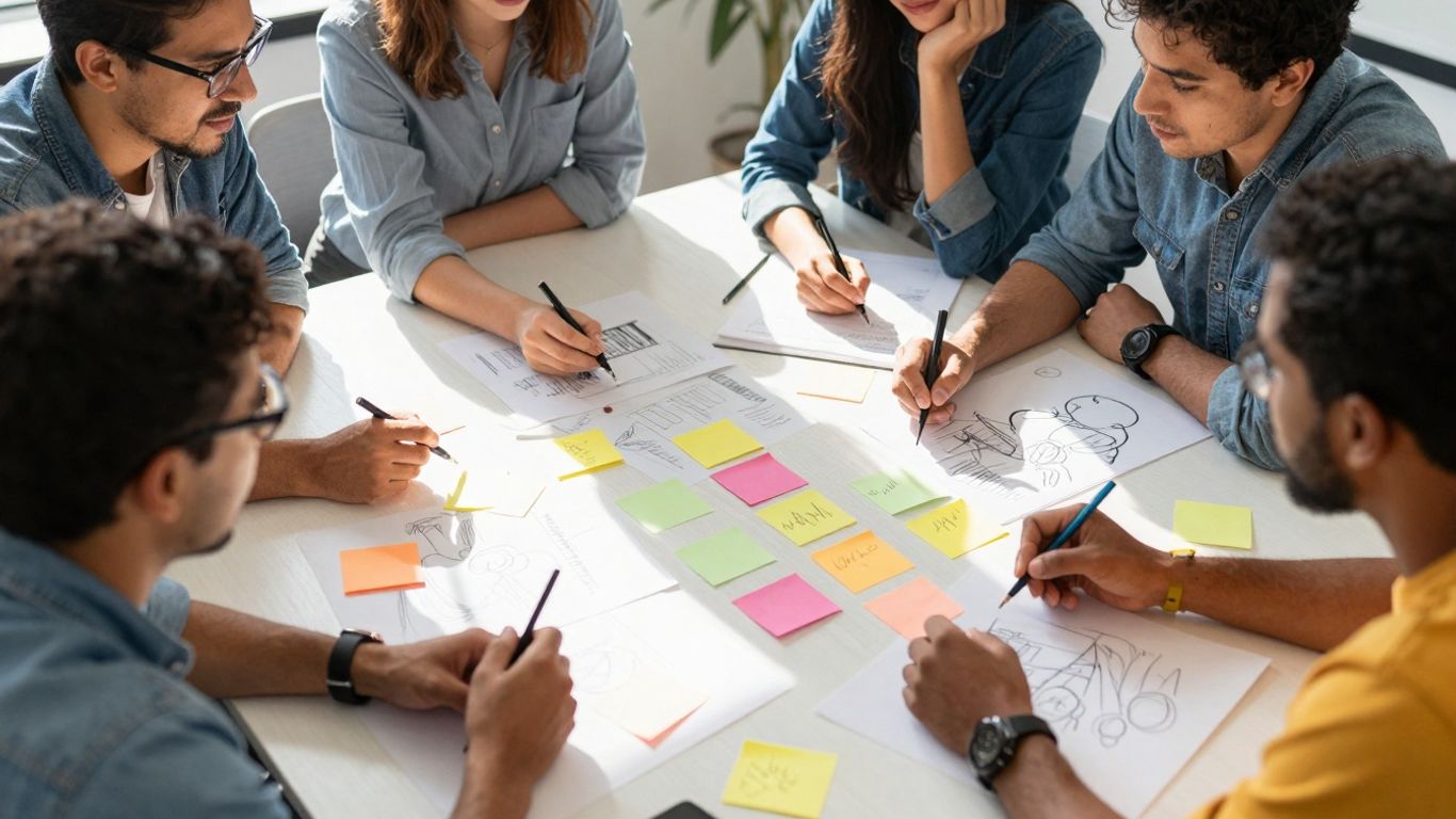 Team planning a marketing campaign with sticky notes.