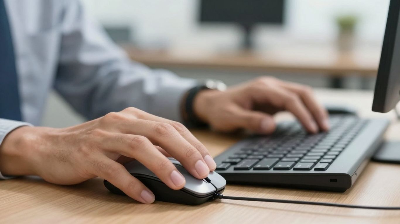 Hands working on a computer keyboard and mouse.