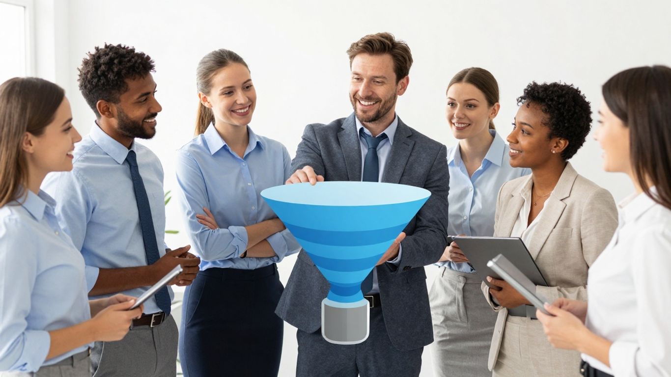 Professionals navigating a career funnel towards success.