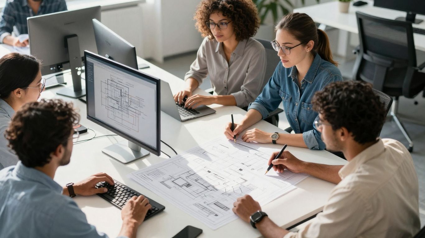 Professionals collaborating in a modern office setting.
