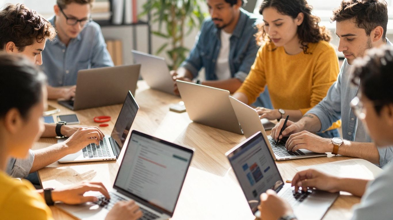 People interacting with digital content, brand awareness, lead generation.