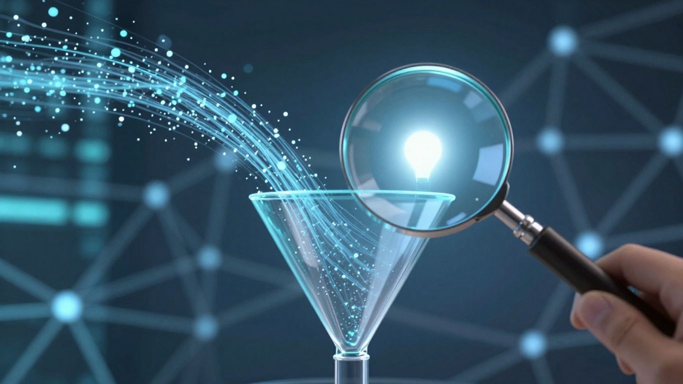 Data funnel with magnifying glass focusing on insight.