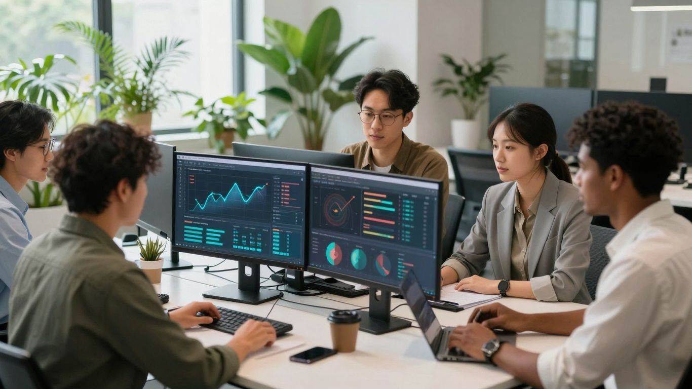 Team collaborating with digital screens in a modern office.