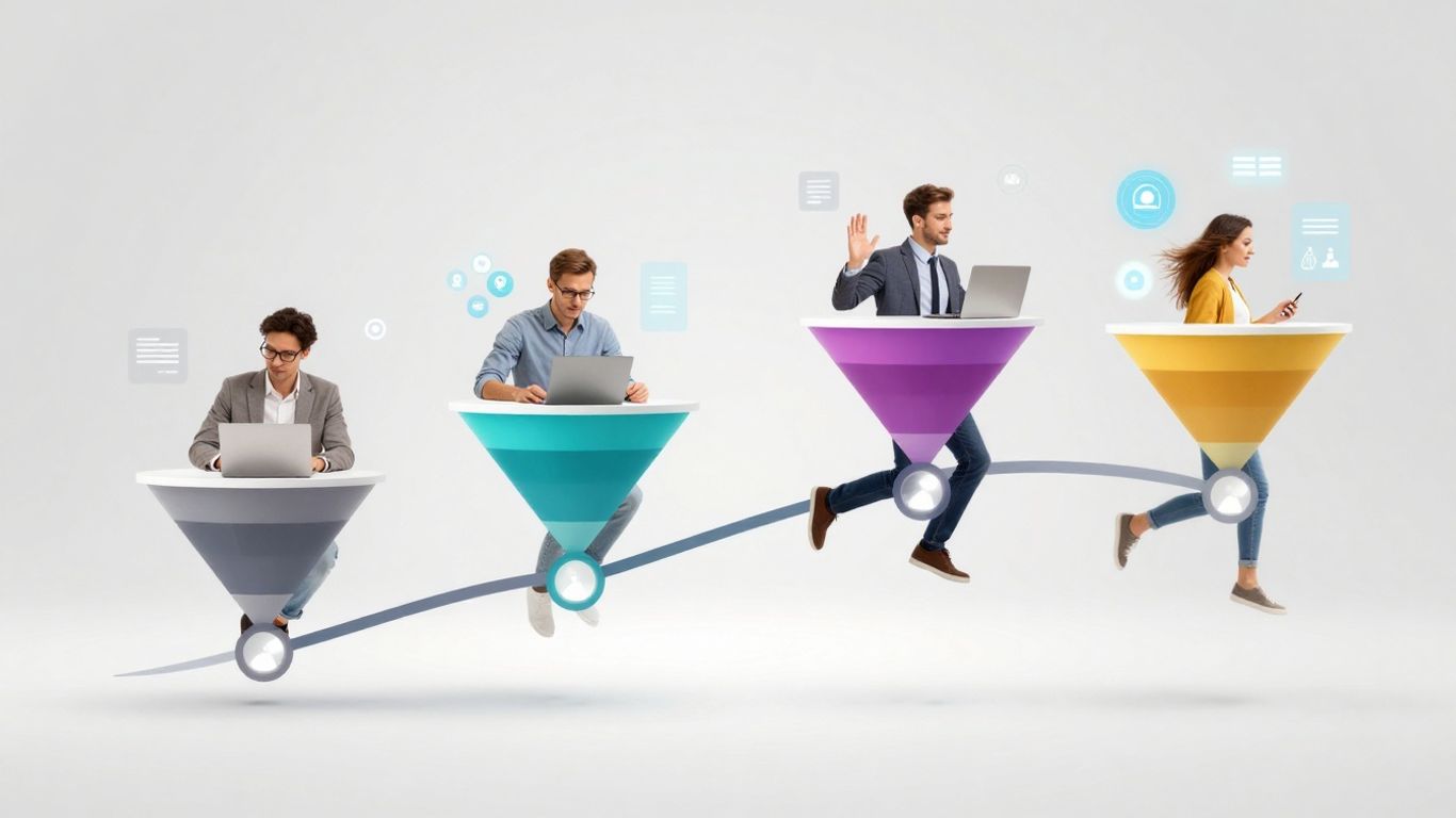 Marketing funnel stages with customer journey visualization.