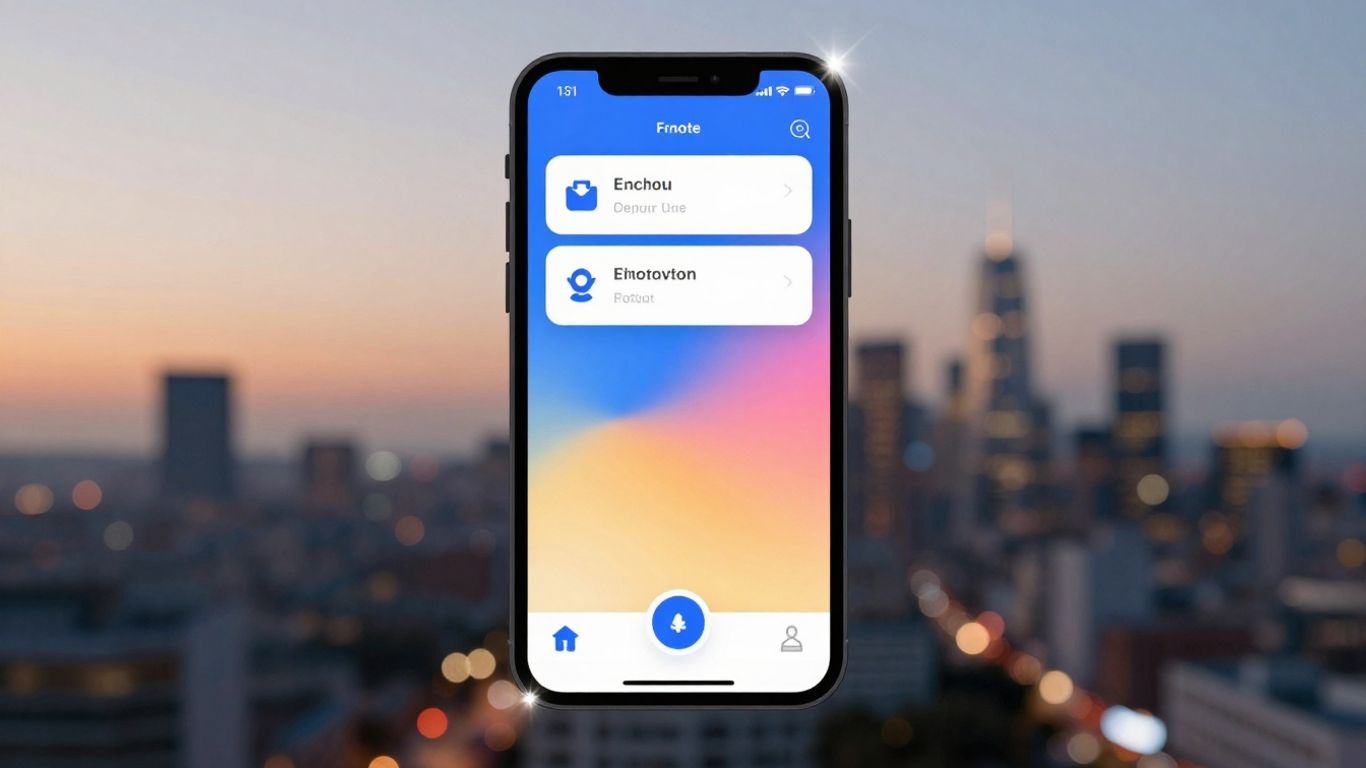 Smartphone screen with sleek UI, blurred cityscape background.