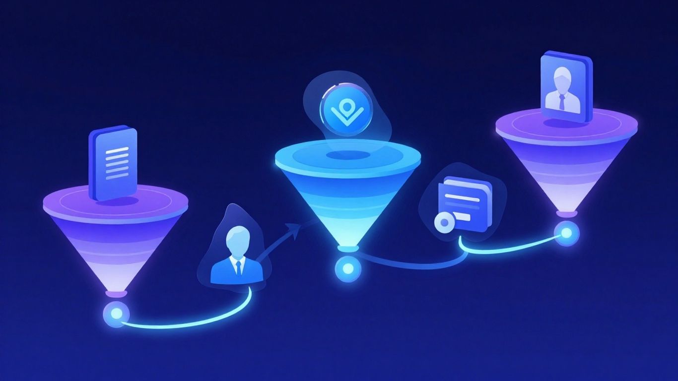 Digital marketing funnel with automated customer journey pathways.