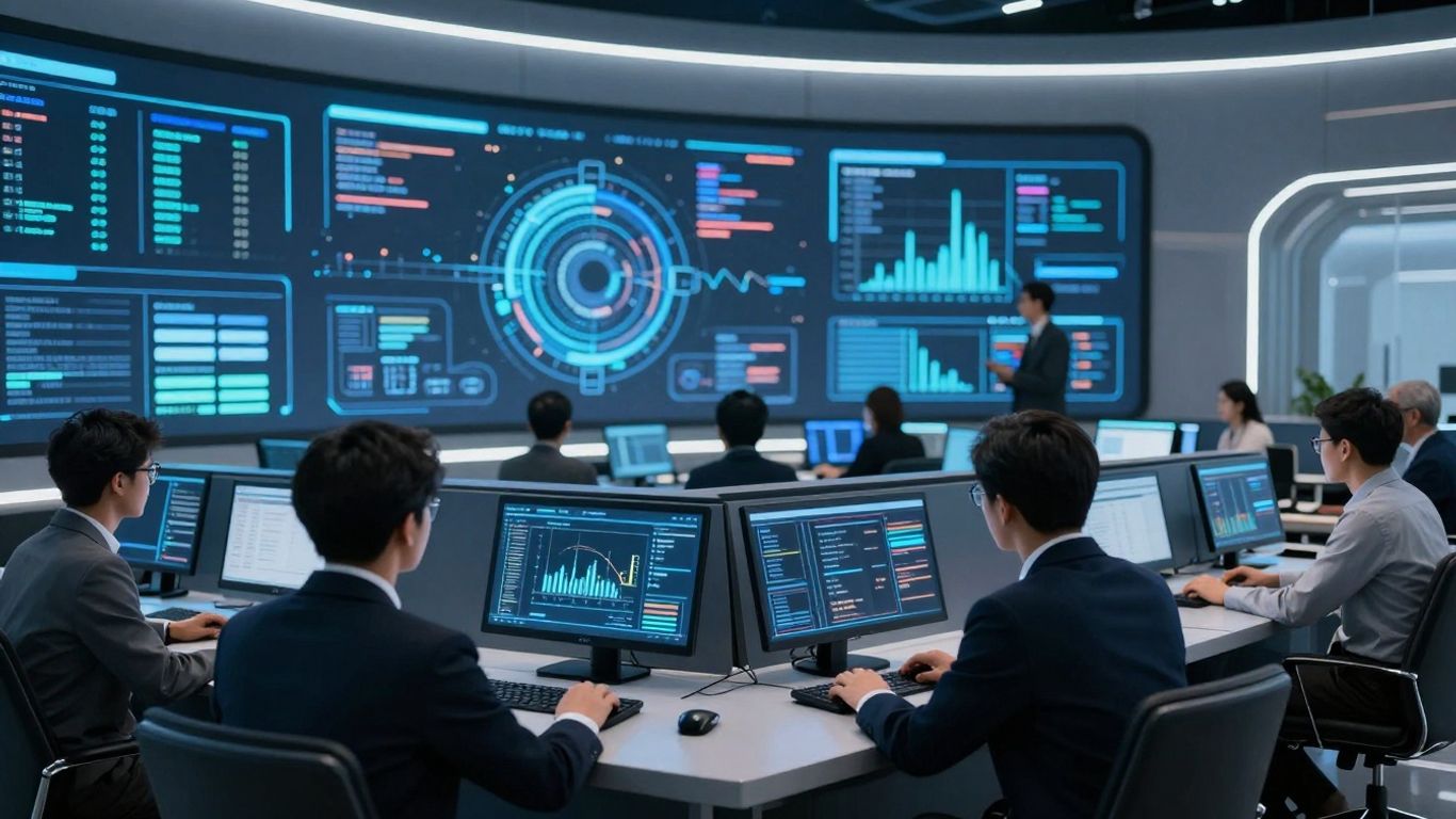 Modern advertising operations control room with professionals collaborating.