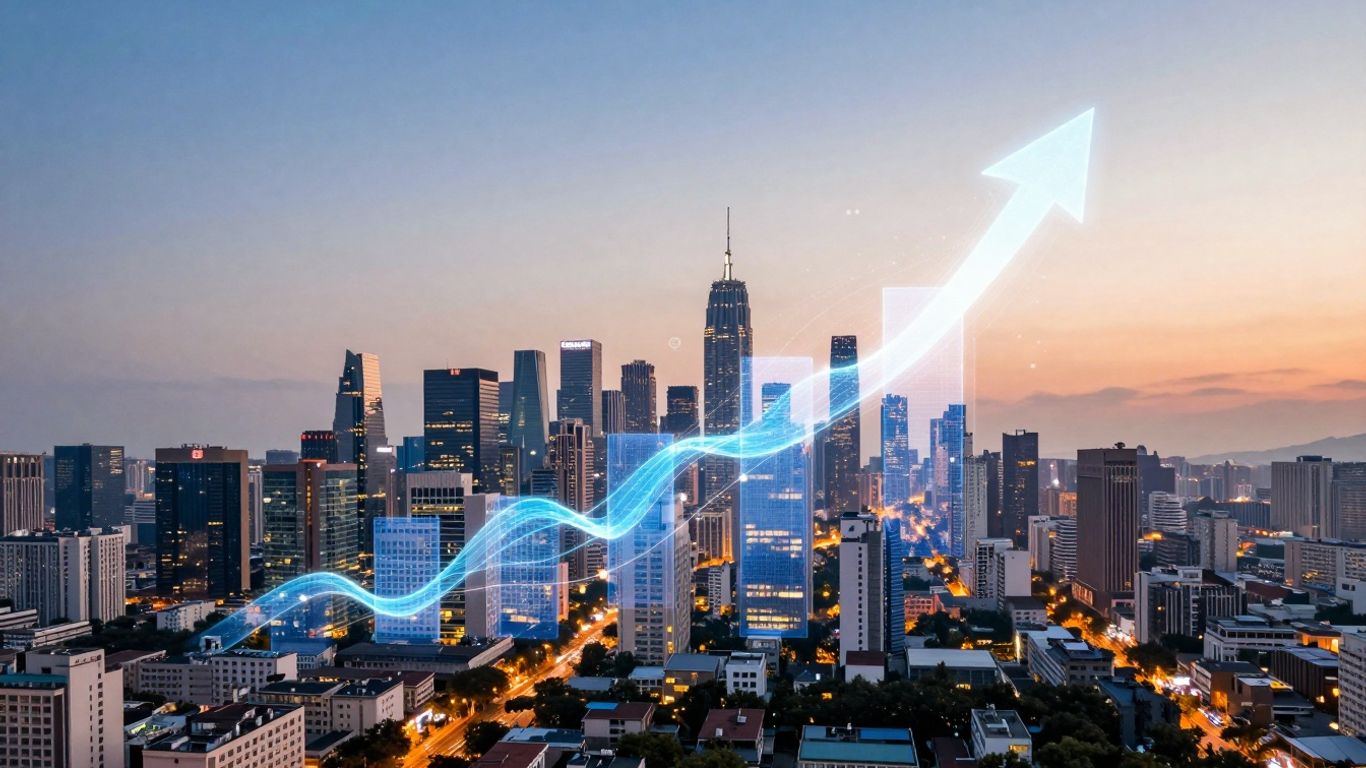 Data streams flowing through a cityscape, symbolizing strategic growth.