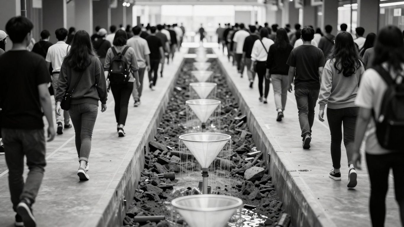 Flowing people towards a bright destination