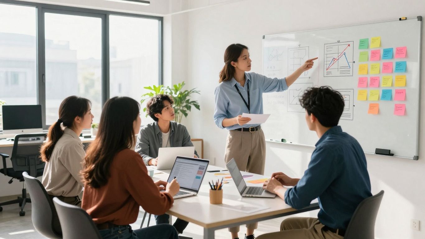 Diverse team collaborating on brand marketing strategies.