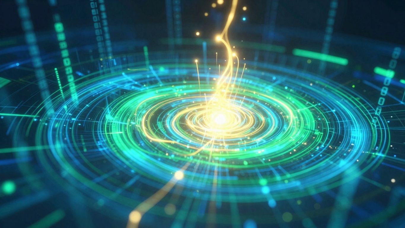 Digital data streams with upward growth and golden light.