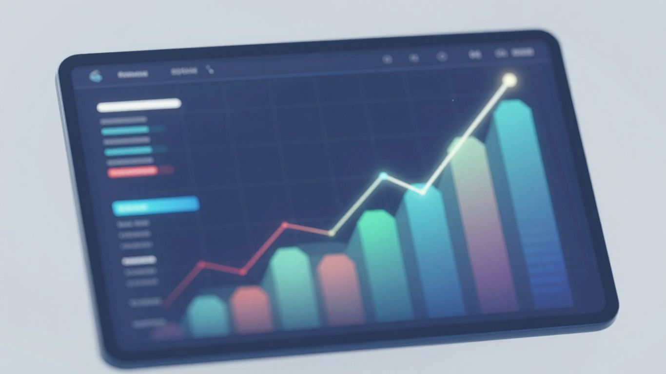 Digital marketing dashboard with abstract data visualizations.