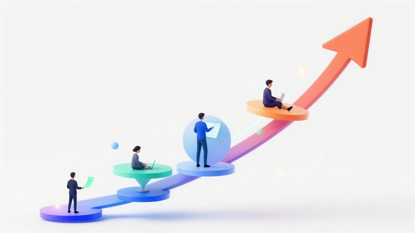 Online sales funnel with upward trajectory and glowing pathways.