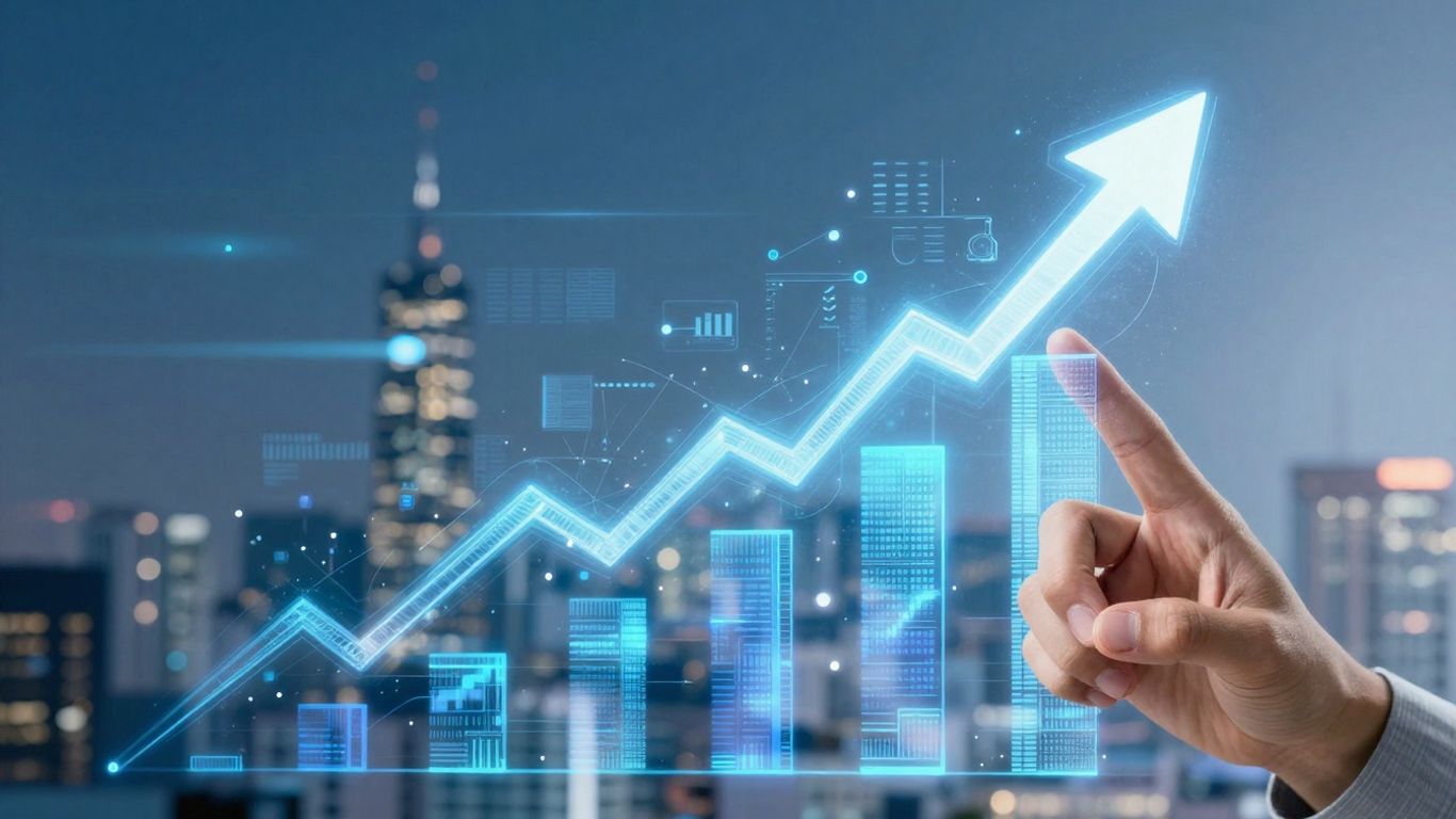 Digital marketing growth trajectory with abstract elements.