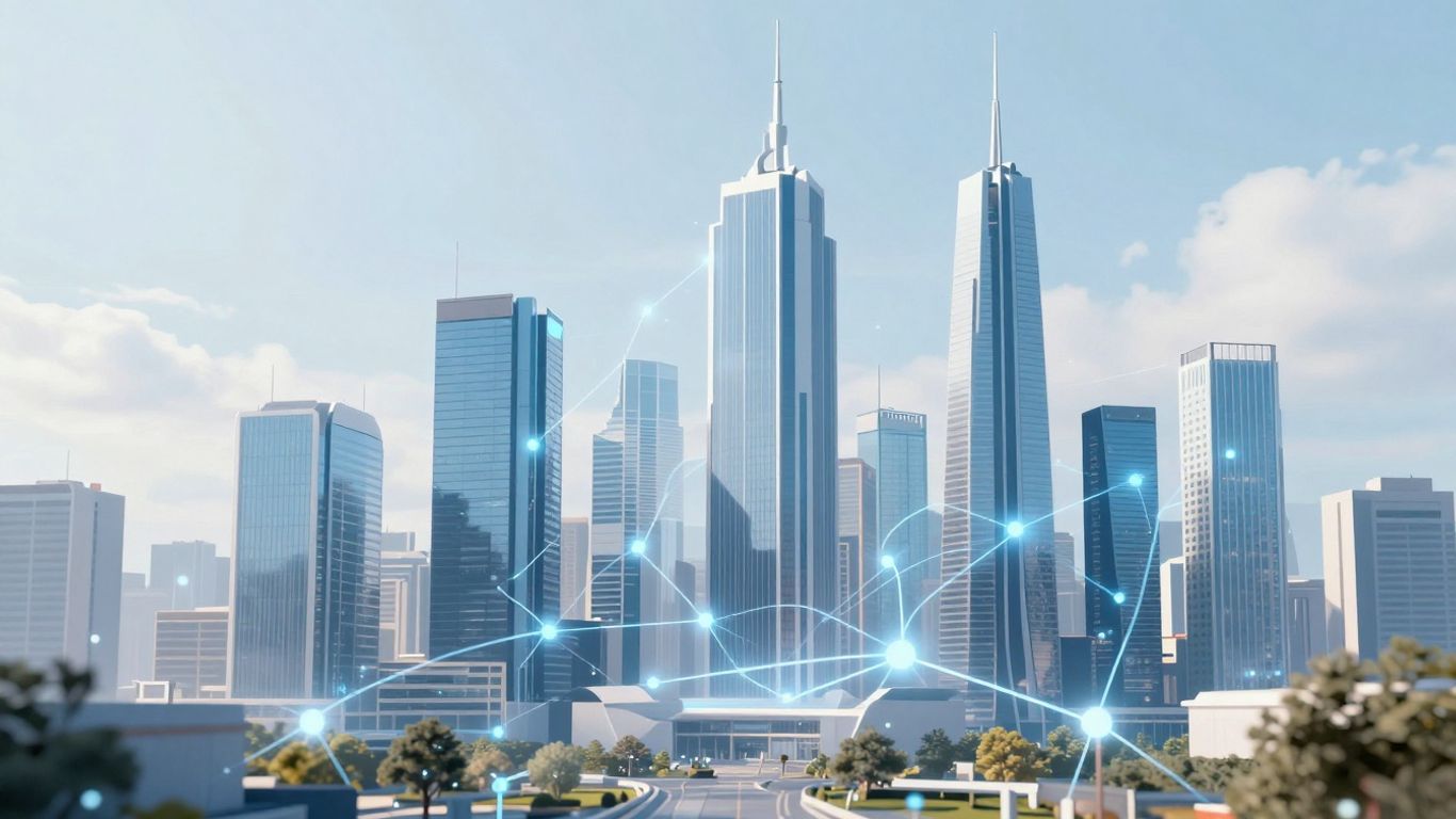 Futuristic cityscape with AI integration and digital connections.
