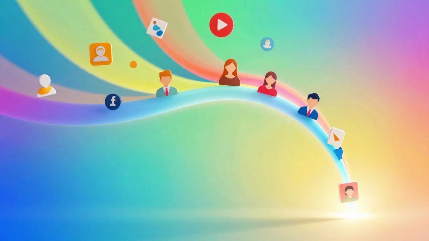 Sales funnel with customer icons moving through stages.