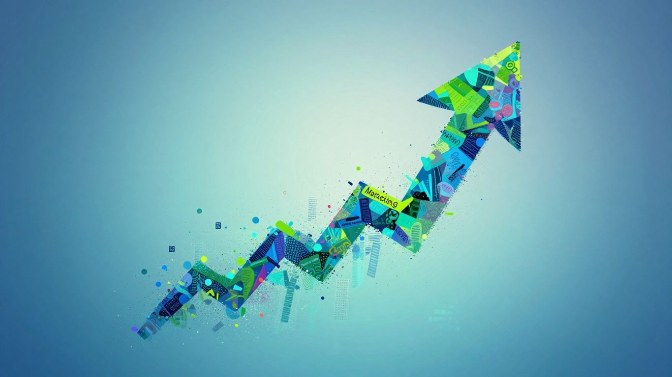 Marketing growth arrow with data points.