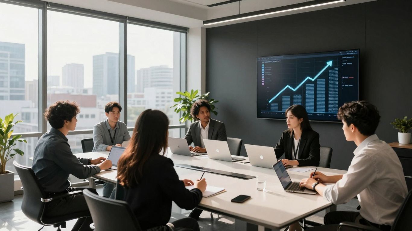 Business team collaborating in a modern office.