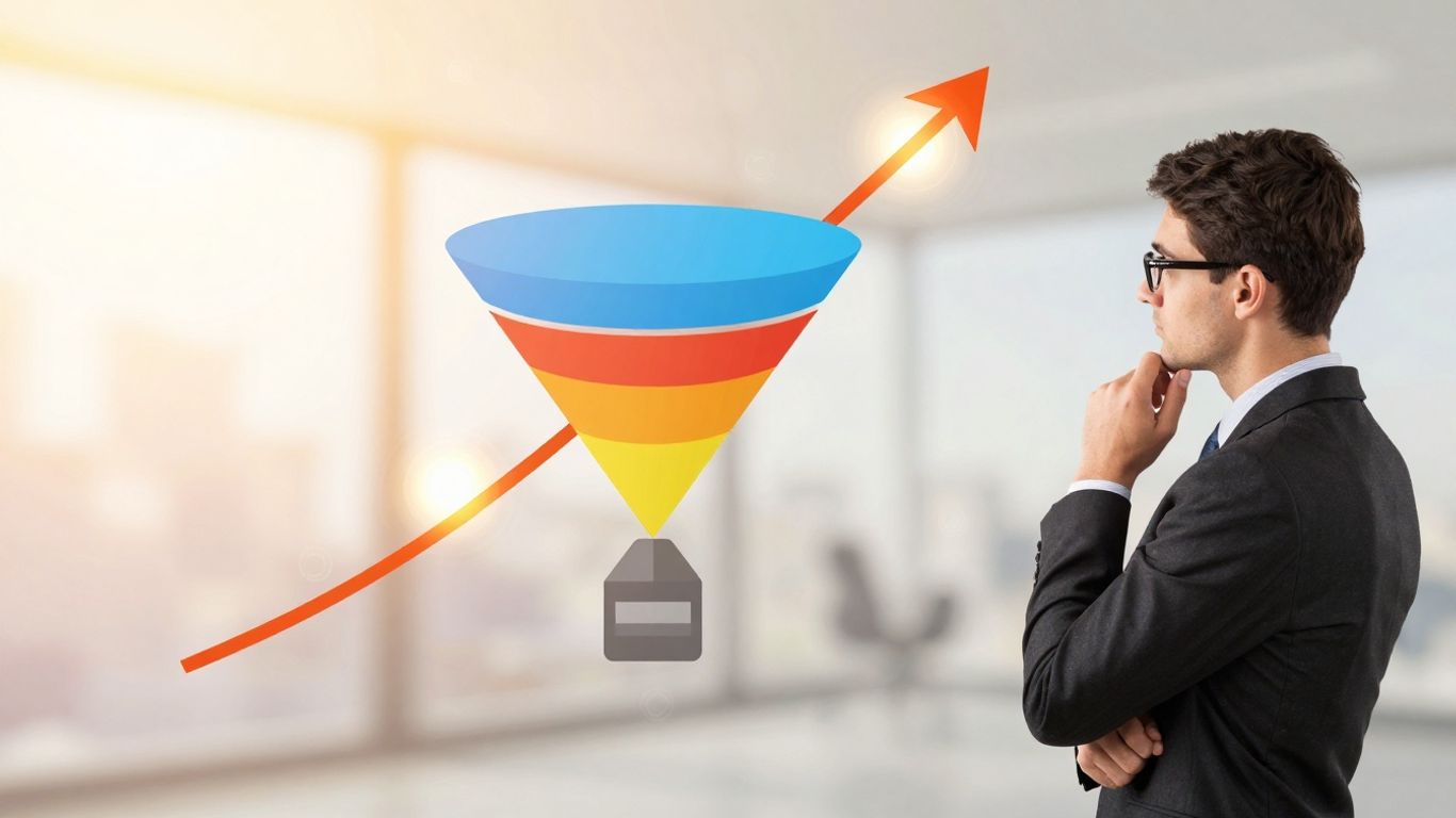 Business growth funnel with upward trajectory and glowing paths.