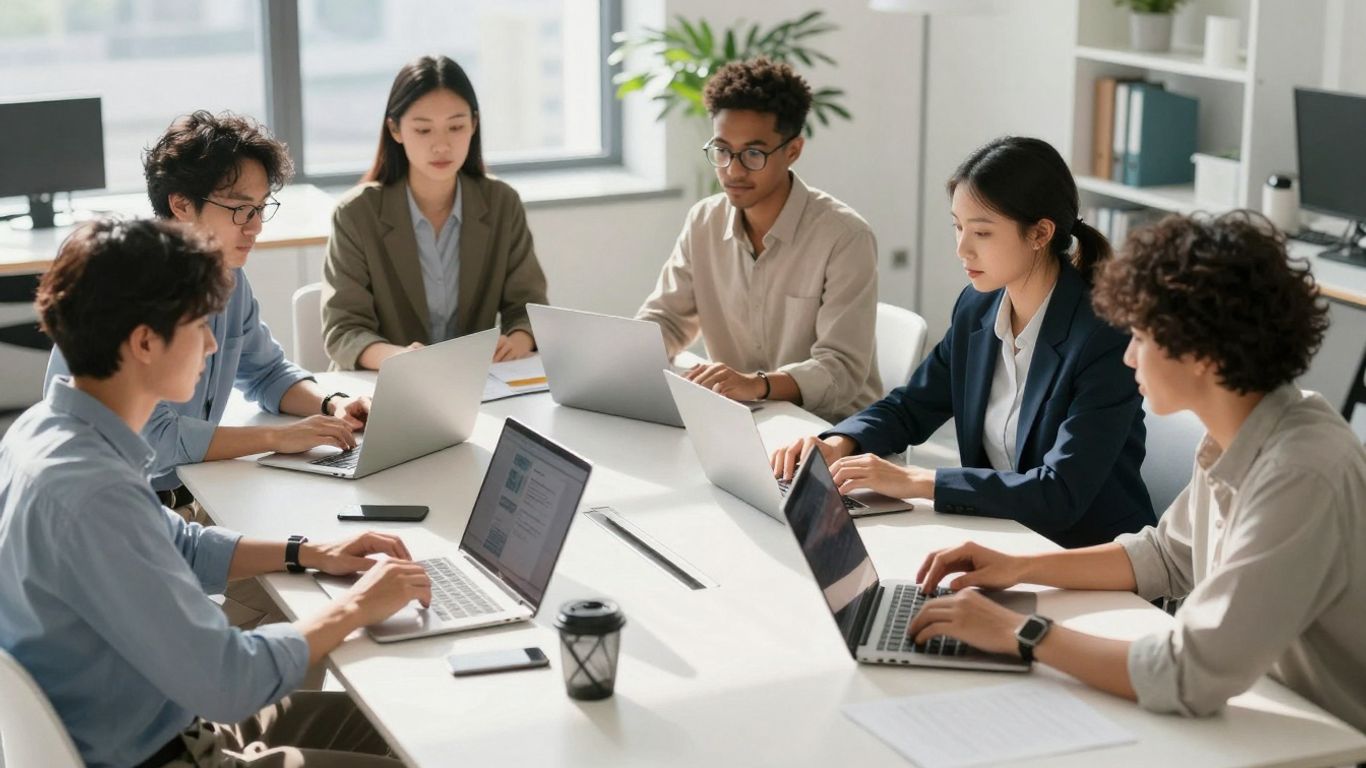 Business professionals collaborating in a bright, modern office.
