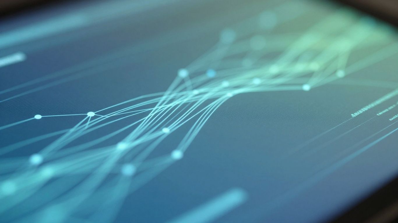 Digital interface with abstract data patterns and interconnected nodes.