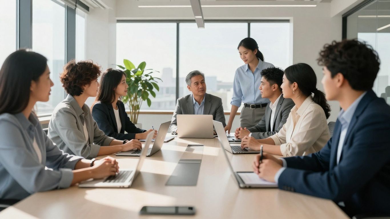 Team collaborating in a modern office with natural light.