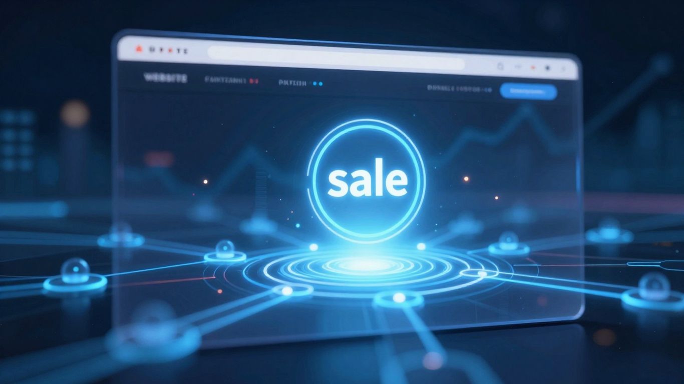 Website funnel optimization with glowing pathways and sale icon.