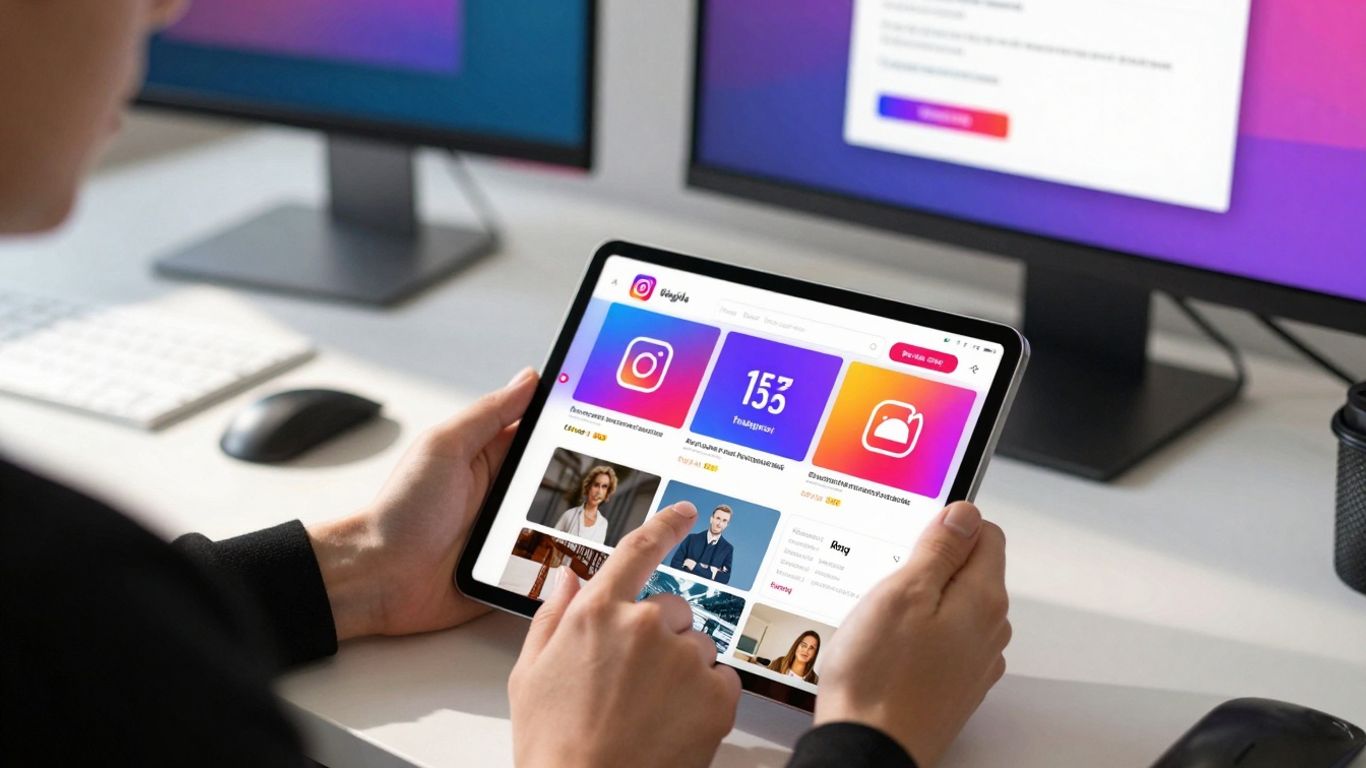 Person using tablet with Instagram ads.