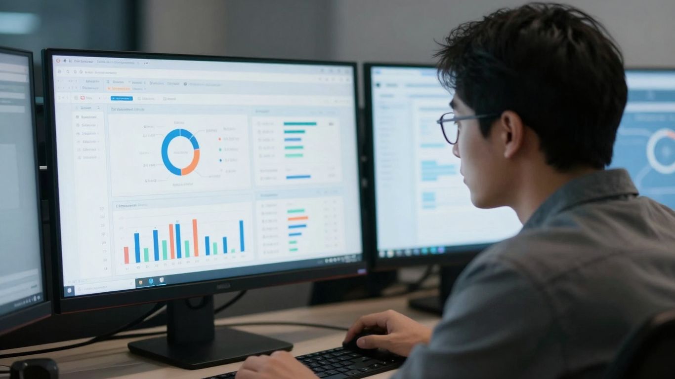 Marketer analyzing campaign data on a digital screen.