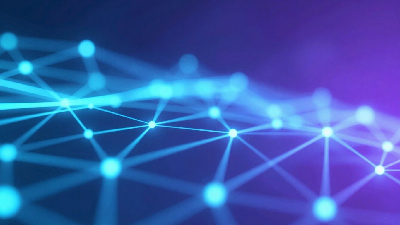 Digital interface with glowing data points and network lines.