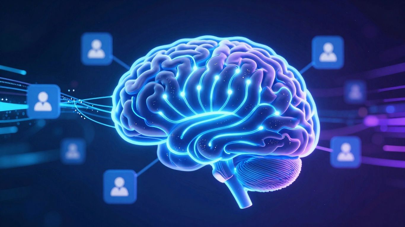 Digital brain connected to social media icons with data streams.