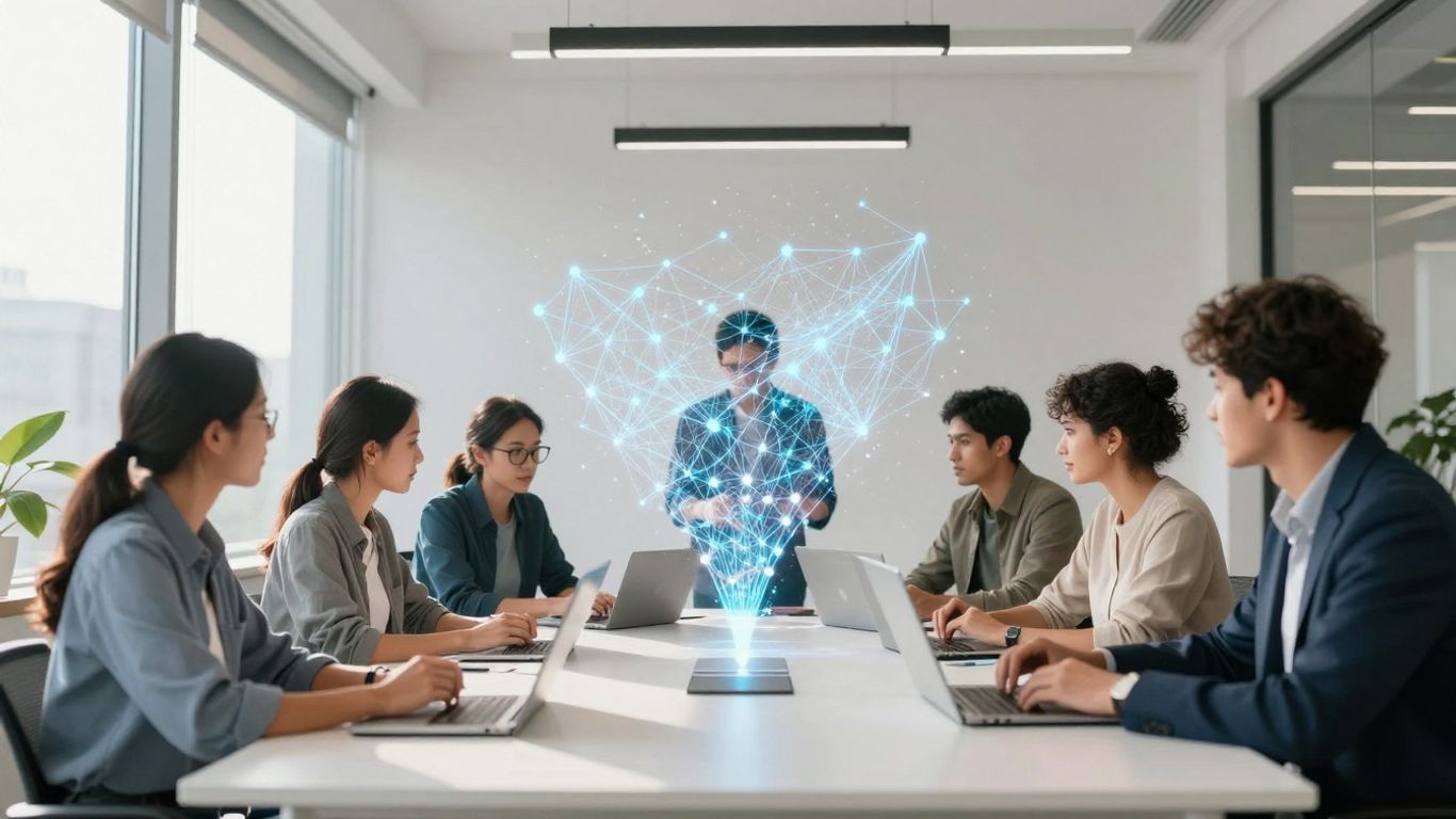 Team collaborating in a modern office with abstract data flow.