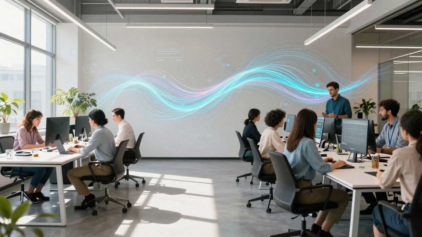 Business professionals collaborating, data streams connecting them.