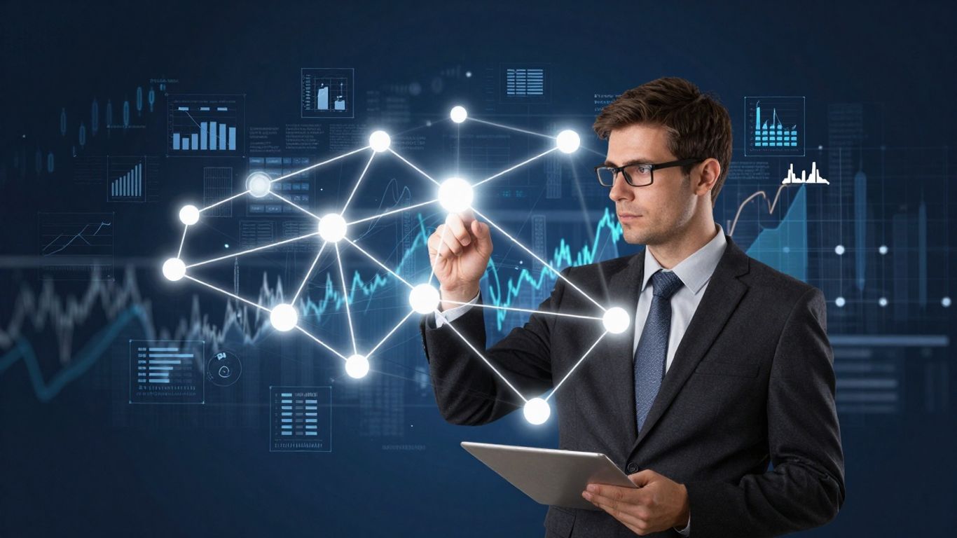 Marketer analyzing interconnected business metrics and market trends.