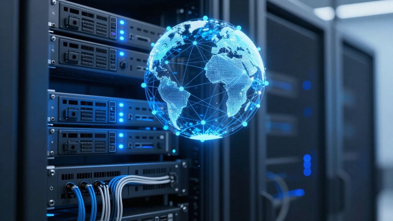 Server rack with glowing lights and abstract network globe.